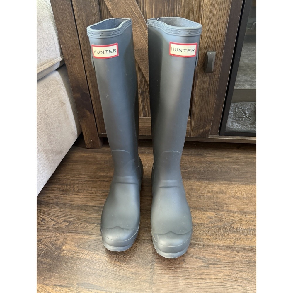 Hunter Original Womens 7 Tall Rain Boots Dark Slate Grey Socks Box Waterproof - Picture 2 of 11